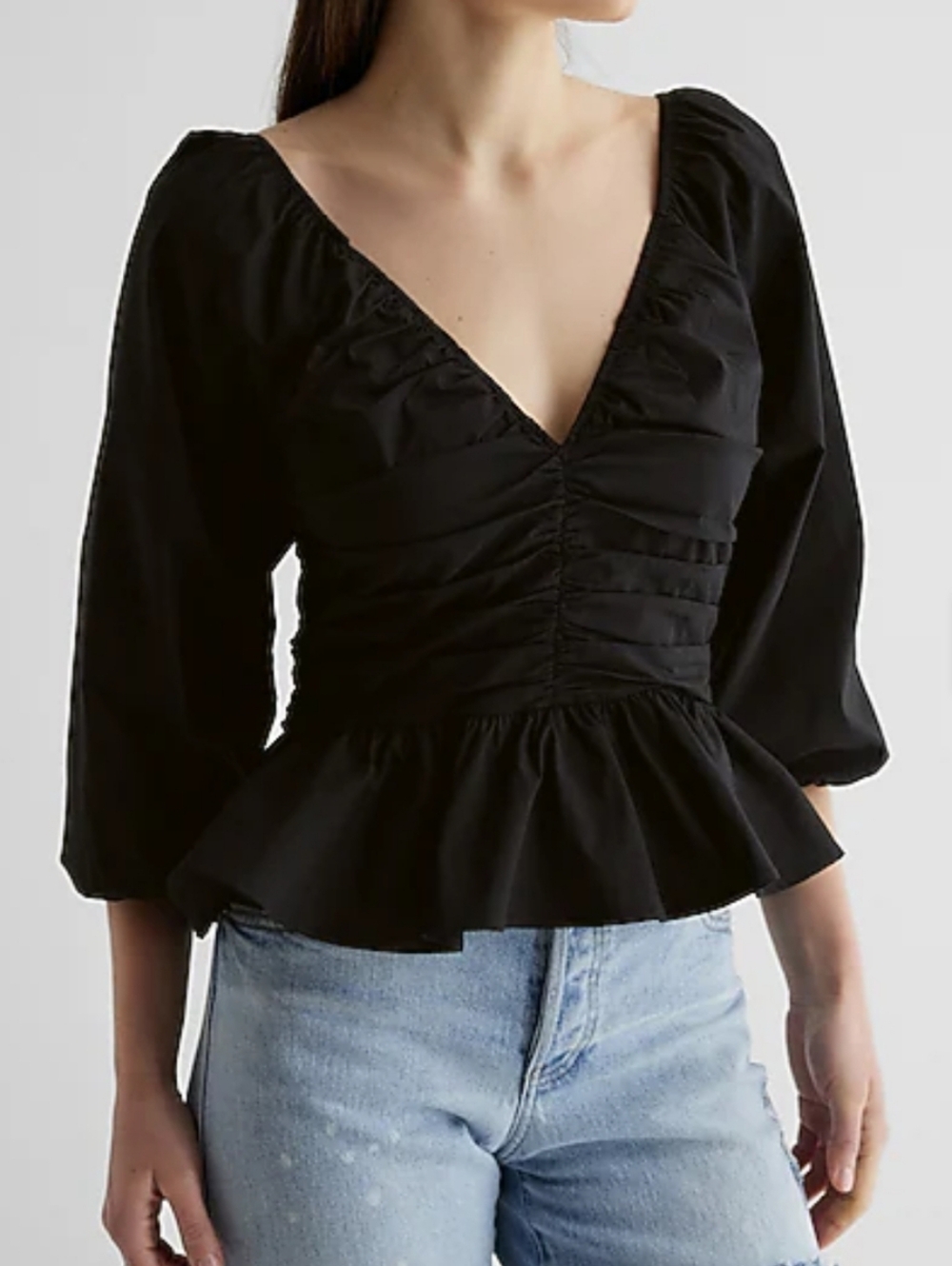 Express V-Neck Pleated Peplum Top Black Ruched Long-Sleeve Top Size Small